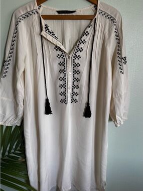 Zara Cream Midi Dress with Black Embroidery and Tassels